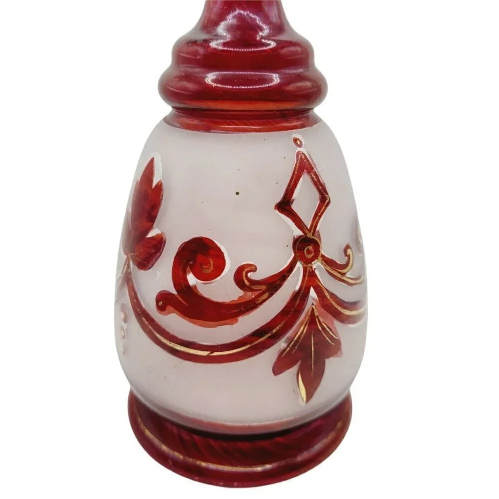 Vintage Bohemian Ruby Red Decanter Frosted Glass Painted Gold Gilding 9